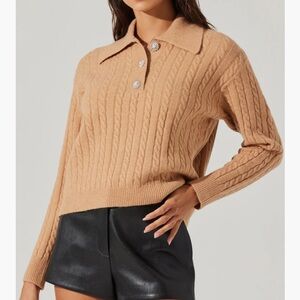ASTR The Label Jewel Button Cable Knit Polo Sweater Biscoff Tan M